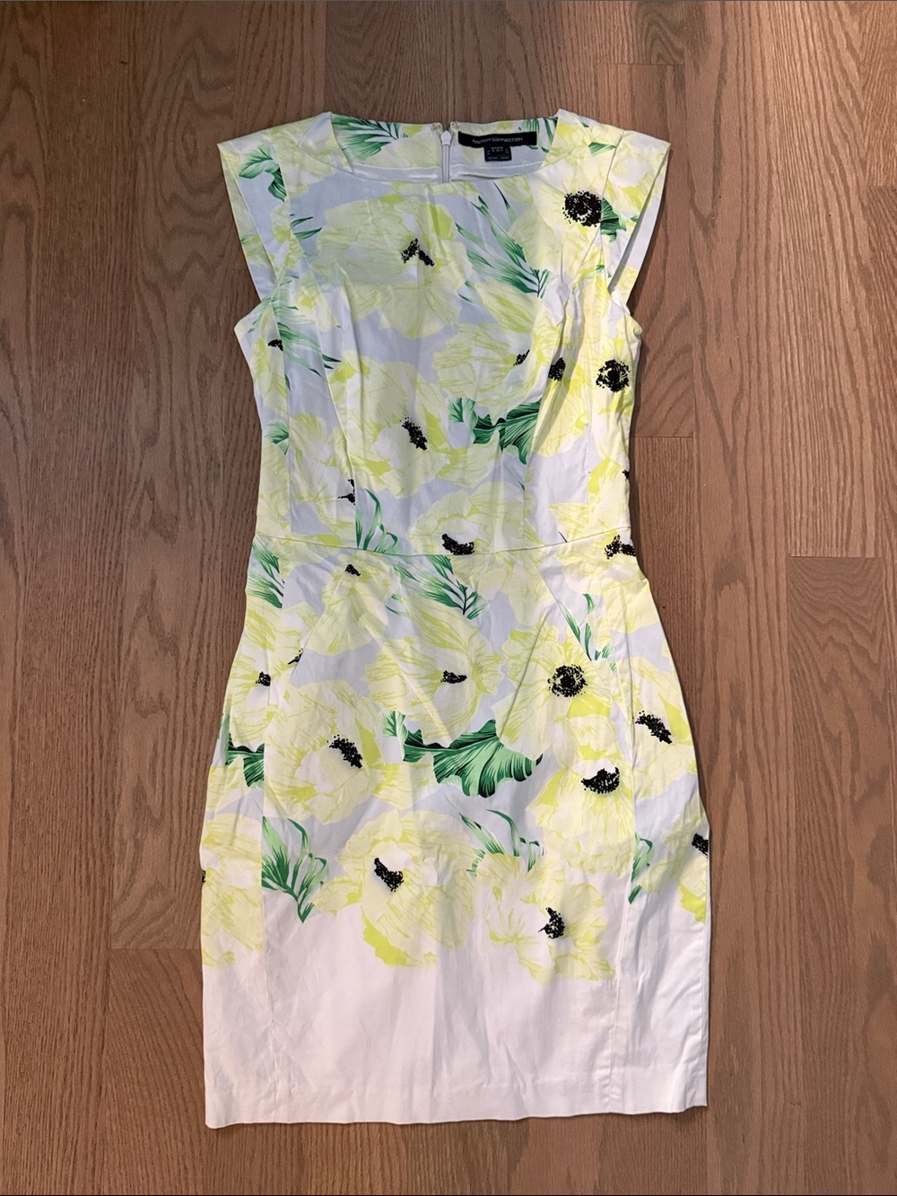 French Connection White Floral Midi Dress with Yellow & Green Print